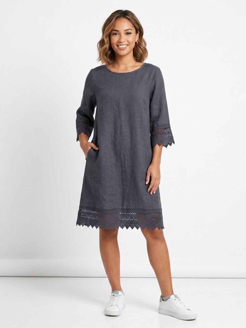 ROSEMARINE 100% Italian Linen 3/4 Sleeve Crochet Dress Blue Gray Small - Picture 2 of 13